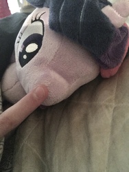 Size: 3024x4032 | Tagged: safe, artist:rubydeluxe, twilight sparkle, alicorn, human, pony, g4, bed, blanket, boop, cute, finger, horn, irl, irl human, photo, pillow, plushie, pony plushie, twilight sparkle (alicorn)