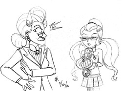 Size: 2591x1944 | Tagged: safe, artist:mayorlight, principal abacus cinch, sugarcoat, monkey, equestria girls, g4, my little pony equestria girls: friendship games, capuchin monkey, fanfic, fanfic art, monochrome, pencil drawing, traditional art