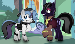 Size: 2356x1380 | Tagged: safe, artist:thecreativeenigma, oc, oc only, oc:navy nirvana, oc:sugar skull (angelofthewisp), earth pony, pony, unicorn, choker, clothes, fangs, female, male, mare, saddle bag, stallion