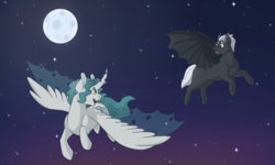 Size: 1500x900 | Tagged: safe, artist:shortcake1284, oc, oc only, oc:prince solaris, oc:solaris, oc:tobias, changepony, pony, flying, magical lesbian spawn, male, night, offspring, parent:princess celestia, parent:queen chrysalis, parents:chryslestia, stallion