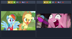 Size: 700x387 | Tagged: safe, derpibooru exclusive, screencap, applejack, pinkie pie, rainbow dash, derpibooru, buckball season, g4, my little pony: the movie, juxtaposition, meta