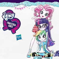 Size: 1080x1080 | Tagged: safe, artist:ritalux, pinkie pie, rainbow dash, sci-twi, twilight sparkle, equestria girls, equestria girls series, g4, official, clothes, cute, dashabetes, diapinkes, equestria girls logo, glasses, hasbro, hasbro logo, my little pony logo, pants, pantyhose, paper, sandals, shoes, skirt, sneakers, twiabetes