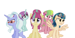 Size: 1330x669 | Tagged: safe, artist:happy-harkey-choco, indigo zap, lemon zest, sour sweet, sugarcoat, sunny flare, pony, g4, base used, crystal prep shadowbolts, equestria girls ponified, ponified, shadow five, simple background, white background