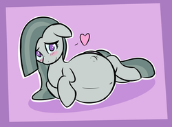 Size: 1912x1416 | Tagged: safe, artist:funble, marble pie, earth pony, pony, g4, belly, big belly, blushing, cute, embarrassed, female, floppy ears, heart, kicking, marblebetes, mare, pregnant, smiling, solo