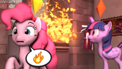 Size: 3840x2160 | Tagged: safe, artist:goatcanon, pinkie pie, twilight sparkle, alicorn, pony, g4, 3d, crossover, duo, fire, fire extinguisher, high res, kitchen, oven, pictogram, plumbob, source filmmaker, speech bubble, stove, the sims, twilight sparkle (alicorn)