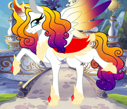 Size: 887x765 | Tagged: safe, artist:owocrystalcatowo, oc, oc only, oc:flame galaxy, alicorn, pony, alicorn oc, colored wings, colored wingtips, female, gradient mane, gradient wings, mare, multicolored wings, offspring's offspring, parent:oc:bright sun, parent:oc:shy heart, solo