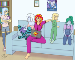 Size: 1500x1200 | Tagged: safe, artist:deltalima, sunset shimmer, trixie, oc, oc:caramel joy, oc:turquoise shine, equestria girls, g4, baby, book, bookshelf, clothes, commission, computer, couch, family, female, laptop computer, lesbian, magical lesbian spawn, next generation, offspring, overalls, pajamas, parent:sunset shimmer, parent:trixie, parents:suntrix, poster, ship:suntrix, shipping, shorts, socks, striped socks, thigh highs, zettai ryouiki