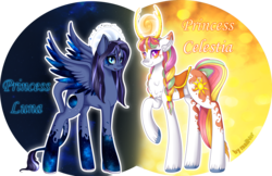 Size: 3153x2039 | Tagged: safe, artist:mailner, princess celestia, princess luna, pegasus, pony, g4, antlers, braid, colored wings, colored wingtips, crystal, cute, cutelestia, duo, female, galaxy, high res, horns, pegasus luna, race swap, raised hoof, redesign, royal sisters, saddle, simple background, sisters, starry wings, tack, transparent background, unshorn fetlocks, wings
