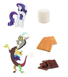 Size: 686x775 | Tagged: safe, discord, rarity, draconequus, pony, unicorn, g4, chocolate, food, graham cracker, marshmallow, rarity is a marshmallow, simple background, wat, white background
