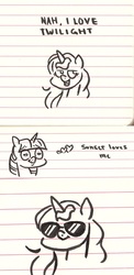 Size: 1280x2614 | Tagged: safe, artist:eeviart, sunset shimmer, twilight sparkle, g4, cute, doodle, female, heart, heart eyes, lesbian, lined paper, marker drawing, ship:sunsetsparkle, shipping, sunglasses, traditional art, twiabetes, wingding eyes