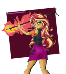 Size: 3000x3400 | Tagged: safe, artist:katakiuchi4u, sunset shimmer, equestria girls, equestria girls series, g4, arrow, badass, blushing, clothes, cute, female, fiery shimmer, high res, looking at you, shirt, simple background, skirt, solo, transparent background, vest, weapon