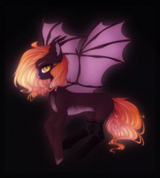 Size: 911x1012 | Tagged: safe, artist:shenki, oc, oc only, oc:fire glow, bat pony, pony, bat pony oc, black background, clothes, female, mare, simple background, socks, solo, wings