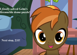 Size: 875x625 | Tagged: safe, edit, edited screencap, editor:korora, screencap, button mash, earth pony, pony, g4, colt, cropped, happy, hat, male, myst, riven, text, youtube screencap