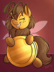 Size: 960x1280 | Tagged: safe, artist:sugaryviolet, oc, oc only, oc:beeatrice, bee pony, original species, pony, coin, cute, eyes closed, female, grin, mare, ocbetes, smiling, solo