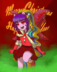 Size: 2178x2759 | Tagged: safe, artist:itsnotdaijoubu, oc, oc:acciaccato, equestria girls, g4, christmas, christmas outfit, clothes, eyestrain warning, female, fusion, fusion:adagio dazzle, fusion:aria blaze, fusion:arisonagio, fusion:sonata dusk, high res, holiday, looking at you, merry christmas, needs more saturation, negative energy, pleated skirt, ponied up, raised leg, red eyes, red eyes take warning, red sclera, skirt, skirt lift, solo, we have become one