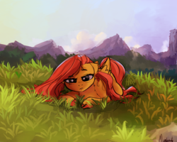 Size: 2500x2000 | Tagged: dead source, safe, artist:miokomata, fluttershy, pegasus, pony, g4, cloud, cute, female, grass, high res, mare, prone, scenery, shyabetes, sky, solo, tired