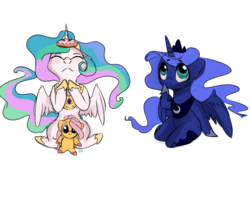 Size: 2500x2000 | Tagged: safe, artist:miokomata, fluttershy, princess celestia, princess luna, alicorn, pegasus, pony, g4, cute, cutelestia, donut, female, food, high res, lunabetes, mare, plushie, royal sisters, simple background, sitting, smiling, transparent background