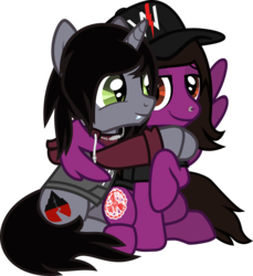 Size: 876x955 | Tagged: safe, artist:lightningbolt, derpibooru exclusive, pegasus, pony, unicorn, g4, .svg available, cap, clothes, disguised siren, duo, fangs, friendshipping, hair over one eye, happy, hat, hoodie, horn, hug, jewelry, kellin quinn, lidded eyes, looking at each other, male, necklace, nose piercing, pierce the veil, piercing, ponified, shirt, show accurate, simple background, sitting, sleeping with sirens, slit pupils, smiling, smirk, spread wings, stallion, svg, t-shirt, transparent background, vector, vic fuentes, winghug, wings