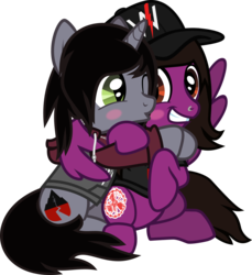 Size: 876x955 | Tagged: safe, alternate version, artist:lightningbolt, derpibooru exclusive, pegasus, pony, unicorn, g4, .svg available, blush sticker, blushing, cap, cheek kiss, clothes, disguised siren, gay, hair over one eye, happy, hat, hoodie, horn, hug, jewelry, kellin quinn, kissing, looking at each other, male, necklace, nose piercing, one eye closed, pierce the veil, piercing, ponified, shipping, shirt, show accurate, simple background, sitting, sleeping with sirens, slit pupils, smiling, spread wings, stallion, svg, t-shirt, transparent background, vector, vic fuentes, winghug, wings, wink
