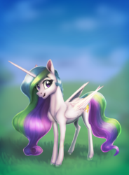 Size: 2453x3324 | Tagged: safe, artist:nadnerbd, princess celestia, alicorn, pony, g4, female, grass, high res, horn, looking at you, mare, sky, smiling, solo, sternocleidomastoid, wings
