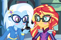 Size: 672x440 | Tagged: safe, artist:luckreza8, artist:lyricgemva, artist:mixiepie, artist:themexicanpunisher, sunset shimmer, trixie, equestria girls, g4, my little pony equestria girls: friendship games, blushing, canterlot high, clothes, cute, female, glasses, lesbian, motocross outfit, ship:suntrix, shipping, sunspecs shimmer