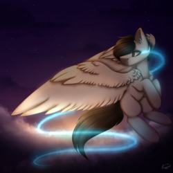 Size: 1000x1000 | Tagged: safe, artist:umiimou, oc, oc only, oc:jack, pegasus, pony, flying, magic, male, night, solo, stallion