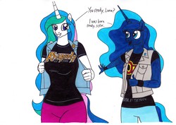Size: 3495x2473 | Tagged: safe, artist:killerteddybear94, princess celestia, princess luna, alicorn, pony, anthro, g4, breasts, busty princess celestia, clothes, cute, cutelestia, dialogue, duo, duo female, female, heavy metal, high res, jacket, looking at each other, lunabetes, mare, multicolored mane, open mouth, ozzy osbourne, pants, rhapsody of fire, royal sisters, shirt, siblings, sisters, smiling, t-shirt, traditional art, wristband