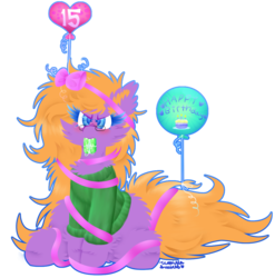 Size: 1080x1093 | Tagged: safe, artist:vanillaswirl6, oc, oc only, oc:sabrina, pony, balloon, birthday, bow, clothes, colored pupils, cute, cute little fangs, ear fluff, fangs, female, fluffy, gift art, glasses, hoof fluff, leg fluff, mouth hold, present, ribbon, simple background, sitting, solo, string, sweater, transparent background