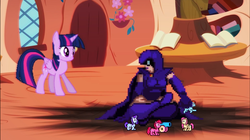 Size: 1768x992 | Tagged: safe, fluttershy, pinkie pie, rainbow dash, rarity, twilight sparkle, alicorn, pony, g4, confused, death battle, death battle!: raven vs twilight sparkle, exploitable meme, golden oaks library, meme, party cannon, pretty pretty pegasus, raven (dc comics), twilight sparkle (alicorn)