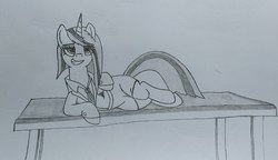 Size: 2000x1150 | Tagged: safe, artist:bently96, oc, oc only, oc:heilen beruhren, oc:ruhig fortepiano, pony, unicorn, solo, story in the source, story included, table, traditional art