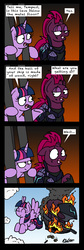 Size: 1184x3507 | Tagged: safe, artist:bobthedalek, tempest shadow, twilight sparkle, alicorn, pony, unicorn, g4, my little pony: the movie, airship, alternate ending, armor, broken horn, burning, cage, clothes, comic, dialogue, didn't think this through, duo, eye scar, female, fire, flying, horn, mare, oh crap, panic, reality ensues, scar, shrunken pupils, smug, twilight sparkle (alicorn), wait