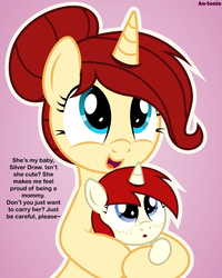 Size: 4151x5200 | Tagged: safe, artist:an-tonio, oc, oc:golden brooch, oc:silver draw, pony, unicorn, absurd resolution, baby, baby pony, cute, duo, female, gradient background, hair bun, mother and daughter, ocbetes, speech, vector, younger