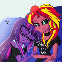 Size: 600x600 | Tagged: dead source, safe, artist:wubcakeva, sci-twi, sunset shimmer, twilight sparkle, comic:ask casual midnight and demon shimmer, equestria girls, g4, casual, causal midnight sparkle, choker, clothes, cuddling, cute, duo, eyes closed, female, lesbian, make my day, midnight sparkle, midnightabetes, midnightsatan, open mouth, ship:sci-twishimmer, ship:sunsetsparkle, shipping, sleeping, sunset satan, twiabetes, zzz