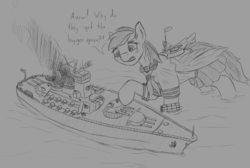 Size: 1946x1306 | Tagged: safe, artist:stray prey, rainbow dash, pony, g4, battleship, clothes, female, flustered, giant pony, kantai collection, macro, sailor uniform, shipmare