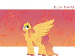 Size: 1600x1200 | Tagged: safe, artist:faith-wolff, oc, oc only, oc:flare sparks, pegasus, pony, biography, cloven hooves, colored hooves, cutie mark background, faithverse, female, happy, mare, next generation, offspring, parent:flash sentry, parent:sunset shimmer, parents:flashimmer, signature, smiling, solo, tail feathers