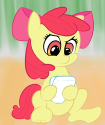 Size: 923x1101 | Tagged: safe, artist:lazynore, apple bloom, g4, bow, clothes, confused, crinklybloom, cute, diaper, diaperbloom, female, filly, hair bow, hoof hold, looking down, non-baby in diaper, raised eyebrow, sitting, solo, spread legs, spreading, tumblr, underhoof