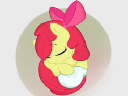 Size: 1600x1200 | Tagged: safe, artist:lazynore, apple bloom, g4, adorabloom, bow, clothes, crinklybloom, curled up, cute, diaper, diaperbloom, eyes closed, female, fetal position, filly, hair bow, non-baby in diaper, sleeping, solo