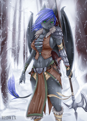 Size: 1500x2100 | Tagged: safe, artist:redwix, oc, oc only, oc:blueberry bliss, bat pony, anthro, abs, armor, axe, battle axe, belly button, clothes, forest, halberd, intersex, leonine tail, midriff, skyrim, snow, snowfall, solo, the elder scrolls, war axe, weapon, winter