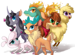 Size: 1744x1280 | Tagged: safe, artist:kaliner123, arizona (tfh), oleander (tfh), paprika (tfh), pom (tfh), tianhuo (tfh), velvet (tfh), alpaca, classical unicorn, cow, deer, lamb, longma, pony, reindeer, sheep, unicorn, them's fightin' herds, bandana, cloven hooves, community related, female, fightin' six, horn, open mouth, simple background, transparent background