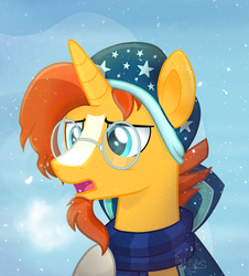 Size: 1480x1640 | Tagged: safe, artist:tina-de-love, sunburst, pony, unicorn, g4, clothes, glasses, hat, male, scarf, snow, solo