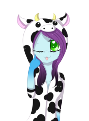 Size: 1673x2287 | Tagged: safe, artist:mimihappy99, oc, oc only, oc:mimi happy, cow, anthro, :p, clothes, costume, cowprint, female, heart, heart eyes, kigurumi, looking at you, mare, one eye closed, silly, simple background, solo, tongue out, transparent background, wingding eyes, wink