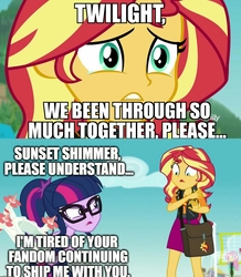 Size: 1788x2048 | Tagged: safe, fluttershy, sci-twi, sunset shimmer, twilight sparkle, equestria girls, equestria girls specials, g4, my little pony equestria girls: better together, my little pony equestria girls: forgotten friendship, anti-shipping, clothes, image macro, impact font, meme, mouthpiece, op is a duck, op is trying to start shit, selfie drone, shipping denied, shipping war, swimsuit