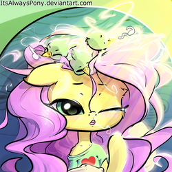 Size: 3000x3000 | Tagged: safe, artist:itsalwayspony, fluttershy, bird, pony, g4, blushing, bust, clothes, cute, female, high res, one eye closed, shirt, shyabetes, sitting on head, sleeping, solo, stray strand, yawn