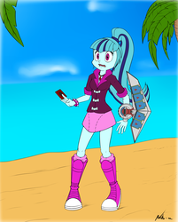 Size: 3222x4000 | Tagged: safe, artist:neko-me, sonata dusk, equestria girls, g4, beach, clothes, duel disk, female, palm tree, solo, tree, yu-gi-oh!