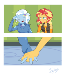 Size: 4897x5485 | Tagged: safe, artist:noahther, sunset shimmer, trixie, equestria girls, equestria girls series, forgotten friendship, g4, absurd resolution, blushing, clothes, duo, duo female, embarrassed, eyes closed, female, fingers interlocked, hairpin, holding hands, hoodie, lesbian, looking at each other, looking at someone, open mouth, open smile, ship:suntrix, shipping, signature, smiling