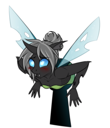 Size: 1324x1538 | Tagged: safe, artist:askbubblelee, oc, oc only, oc:imago, changeling, anthro, anthro oc, blushing, changeling oc, clothes, disney, fangs, female, hair bun, simple background, solo, stuck, tinkerbell, transparent background