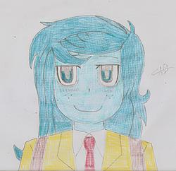 Size: 1666x1615 | Tagged: safe, artist:cafakero, wallflower blush, equestria girls, equestria girls specials, g4, my little pony equestria girls: better together, my little pony equestria girls: forgotten friendship, backpack, bust, female, looking at you, necktie, parody, signature, simple background, tomoko kuroki, traditional art, watamote, white background