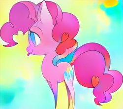 Size: 578x512 | Tagged: safe, artist:hosikawa, pinkie pie, earth pony, pony, g4, :p, abstract background, female, mare, pointy legs, silly, solo, tongue out