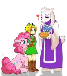 Size: 897x1024 | Tagged: safe, artist:hosikawa, pinkie pie, earth pony, pony, g4, :p, belt, boots, cute, female, food, keaton mask, link, mask, nintendo, pie, shoes, silly, simple background, the legend of zelda, tongue out, toriel, trio, undertale, white background