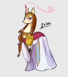 Size: 1502x1688 | Tagged: safe, artist:hosikawa, pony, unicorn, clothes, crown, dress, jewelry, looking at you, magic, nintendo, ponified, princess zelda, regalia, simple background, solo, the legend of zelda, white background